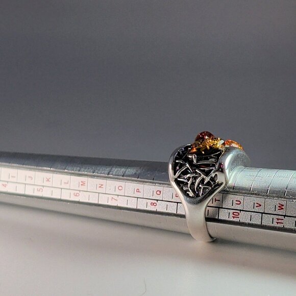 Sterling Silver Ring With Amber Gemstones & Unique Filigree Design - Picture 9 of 13